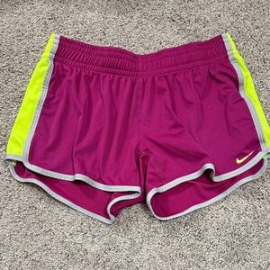 Nike Women's Magenta Athletic Shorts with Neon Yellow Accents
